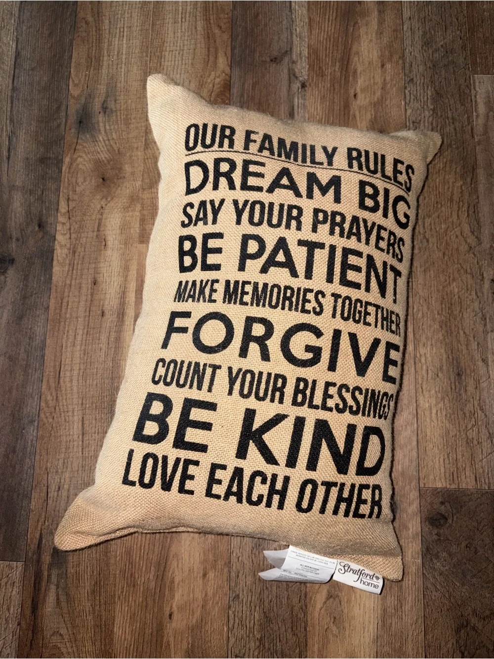 Inspirational Burlap Accent Pillow - Neutral Tan with Black Text